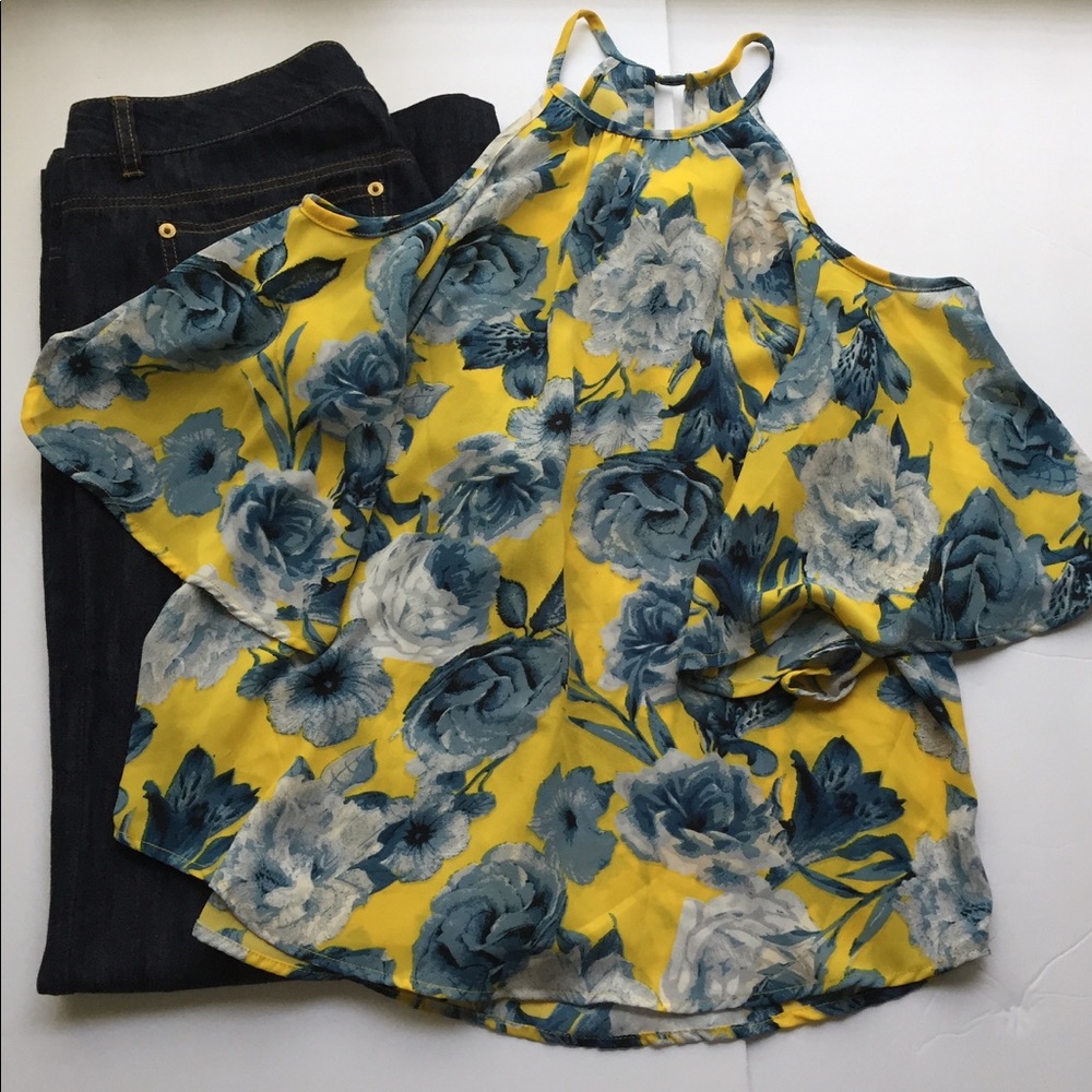 Yellow Floral Print Cold Shoulder Top - Picture 2 of 6